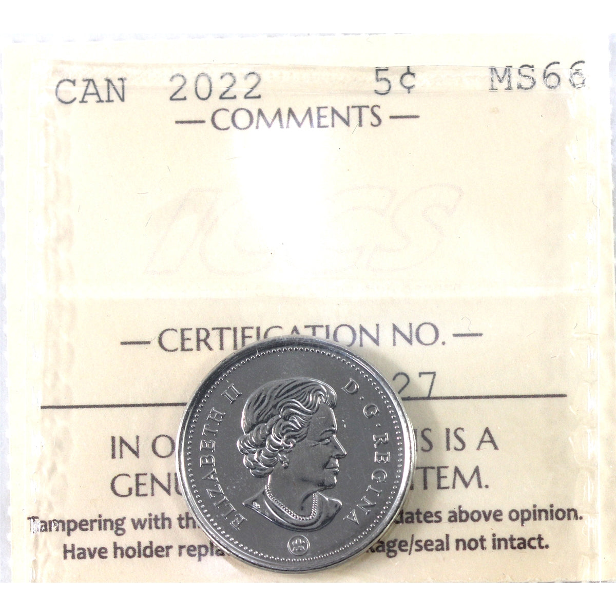 2022 Canada 5-cents ICCS Certified MS66