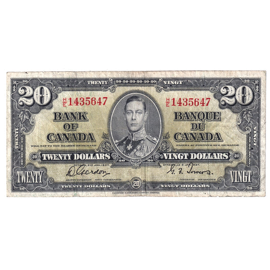 BC-25b 1937 Canada $20 Gordon-Towers F-VF. Tears, Writing or Impaired