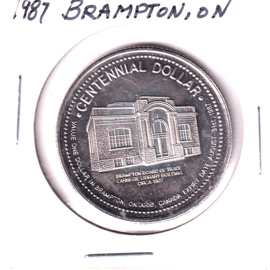 1987 Brampton, ON, Centennial Dollar Trade Token: Board of Trade Carnegie Library