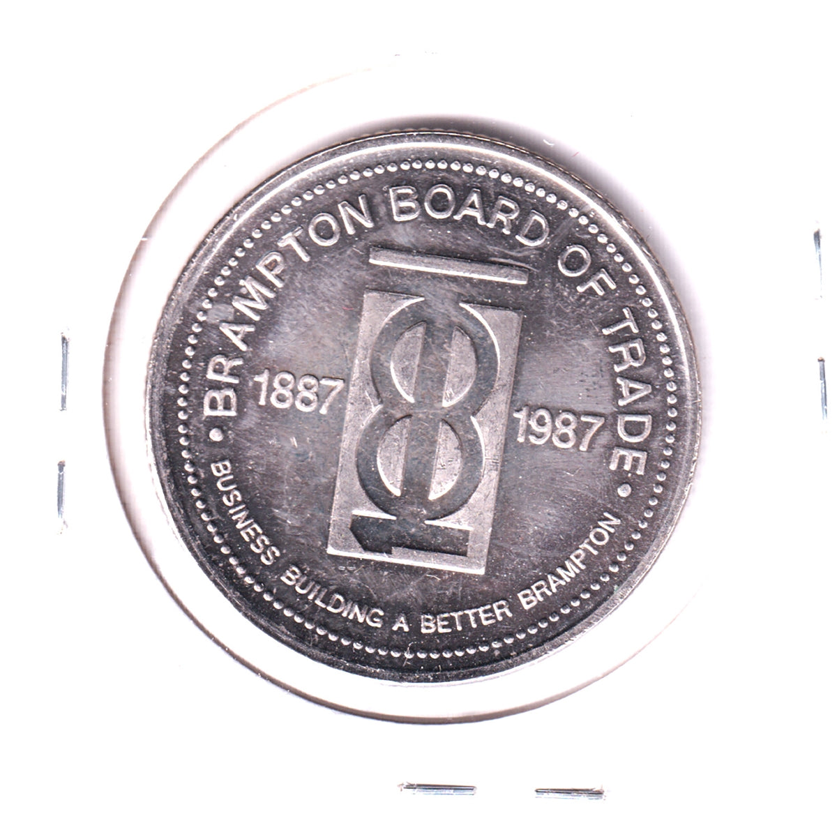 1987 Brampton, ON, Centennial Dollar Trade Token: Board of Trade Carnegie Library