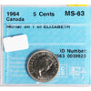 1964 Mortar on T of Elizabeth Canada 5-cents CCCS Certified MS-63