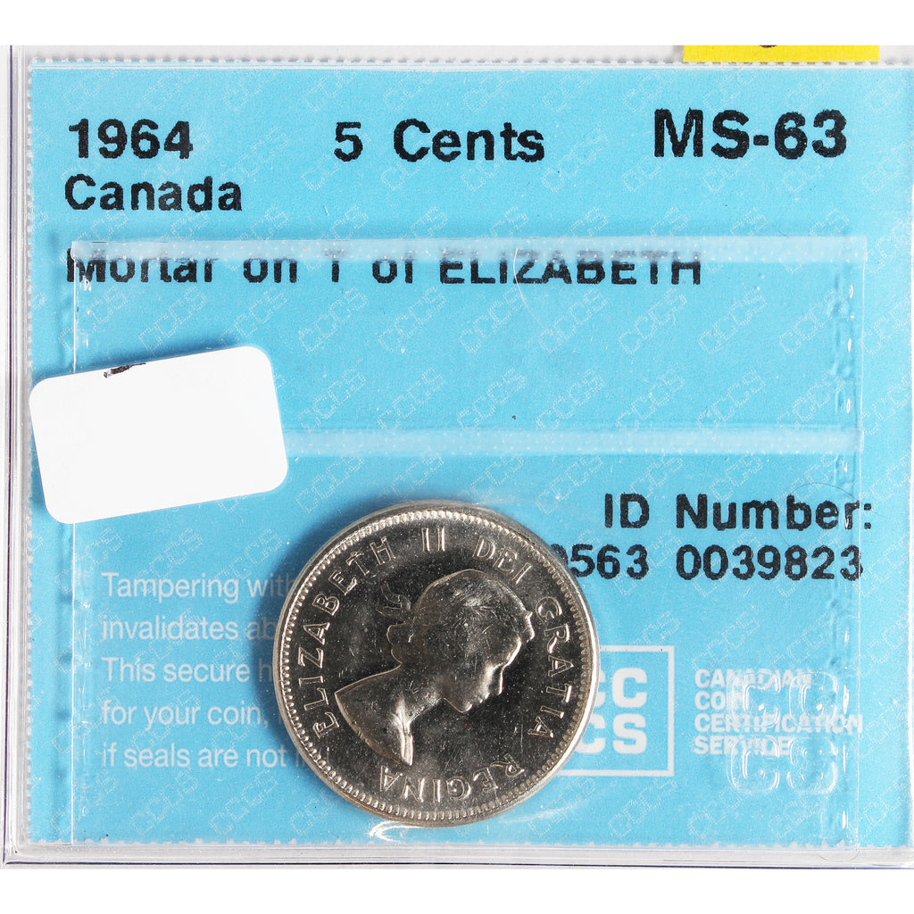 1964 Mortar on T of Elizabeth Canada 5-cents CCCS Certified MS-63
