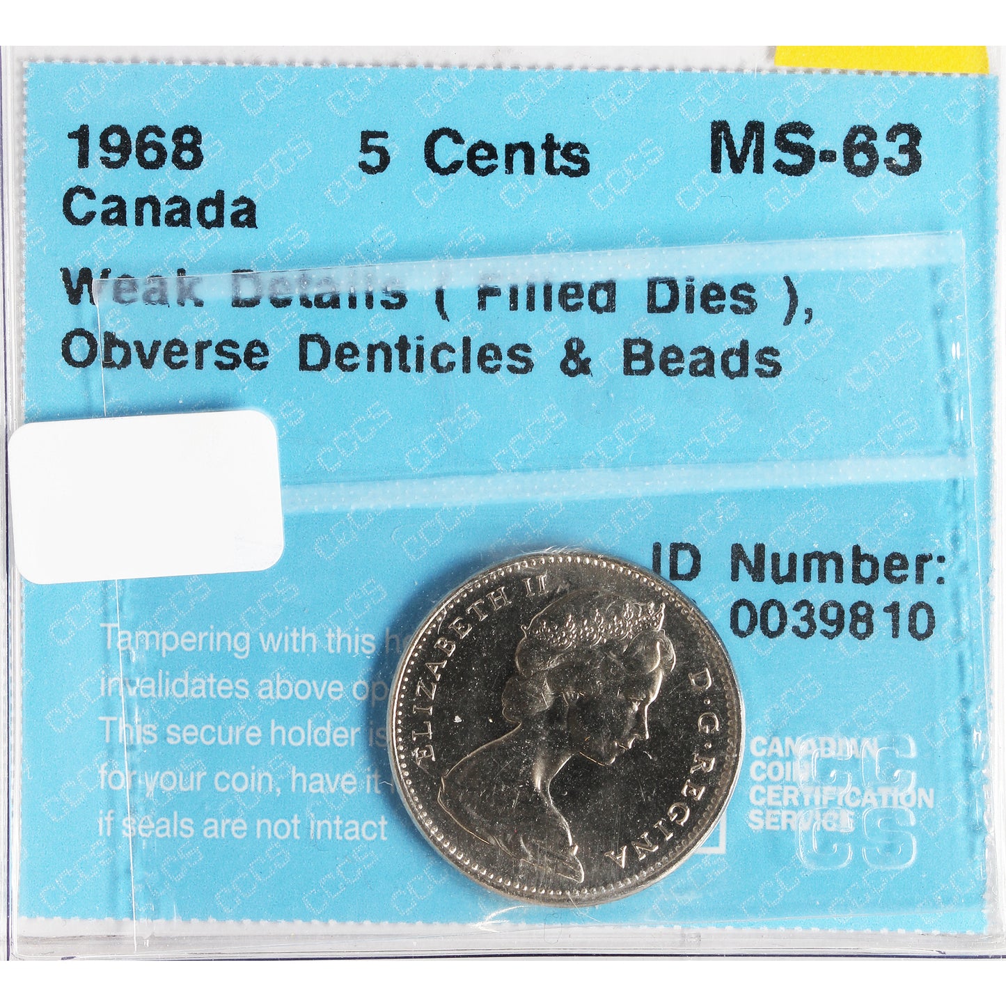 1968 Weak Details, Obverse Denticles & Beads Canada 5-cents CCCS Certified MS-63