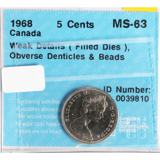 1968 Weak Details, Obverse Denticles & Beads Canada 5-cents CCCS Certified MS-63