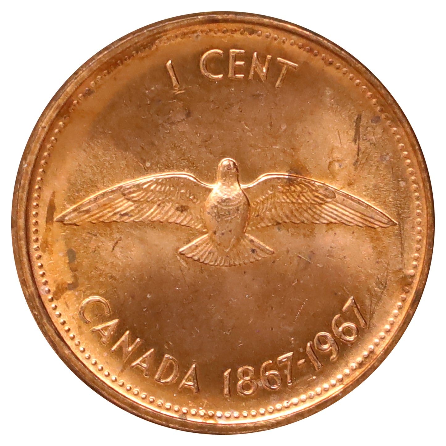 1967 Double Date Canada 1-cent Brilliant Uncirculated (MS64) Toned