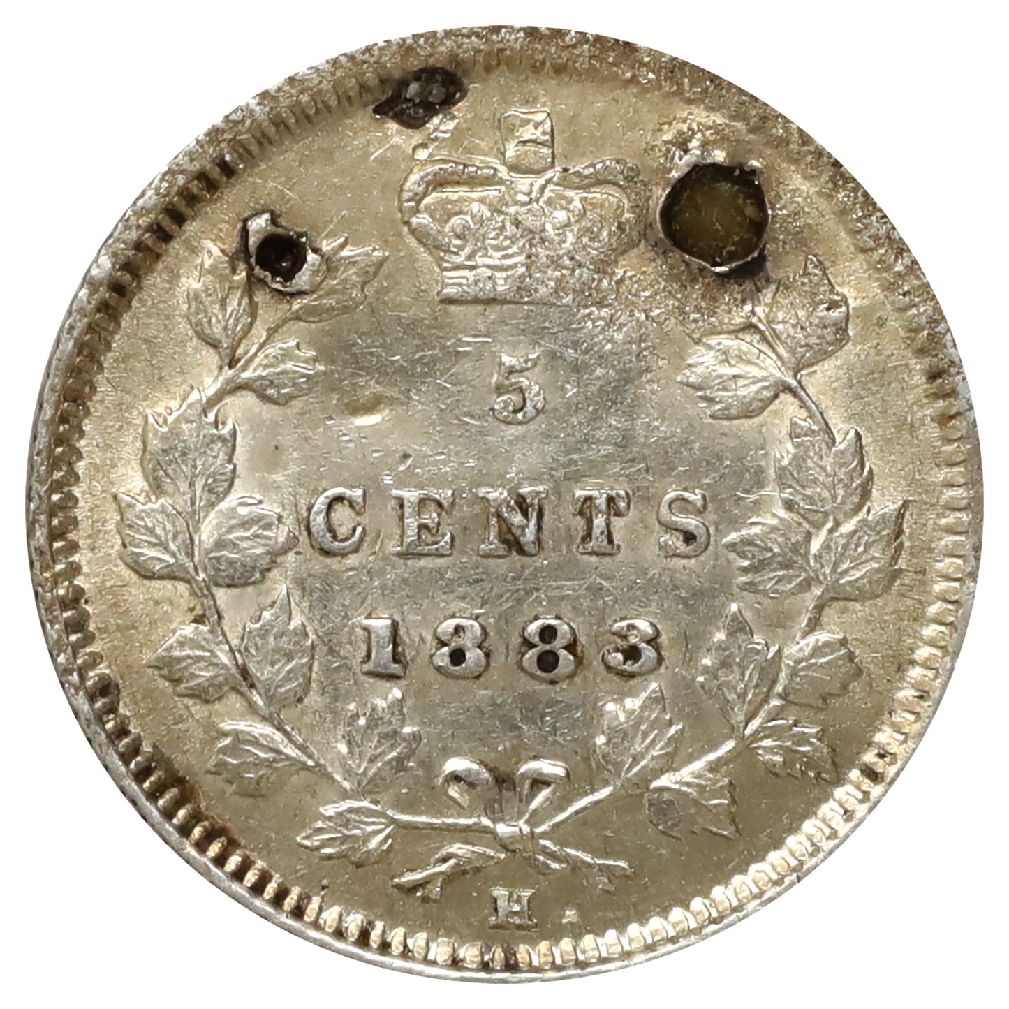 1883H Obv. 5 Canada 5-cents Almost Uncirculated (AU50) Holes