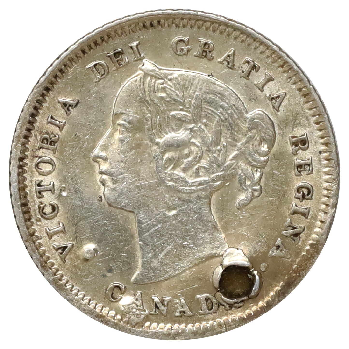 1883H Obv. 5 Canada 5-cents Almost Uncirculated (AU50) Holes