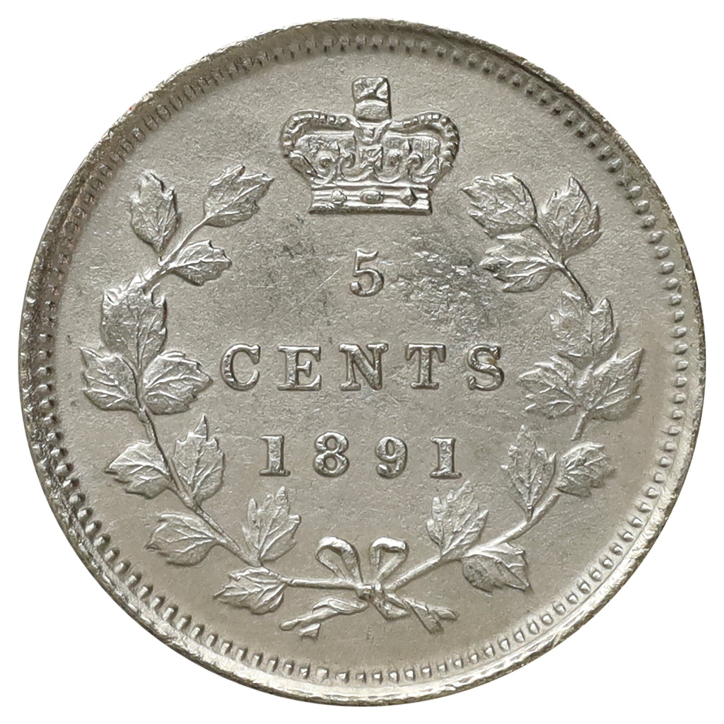 1891 Obv. 5 Canada 5-cents Almost Uncirculated (AU50) Corroded