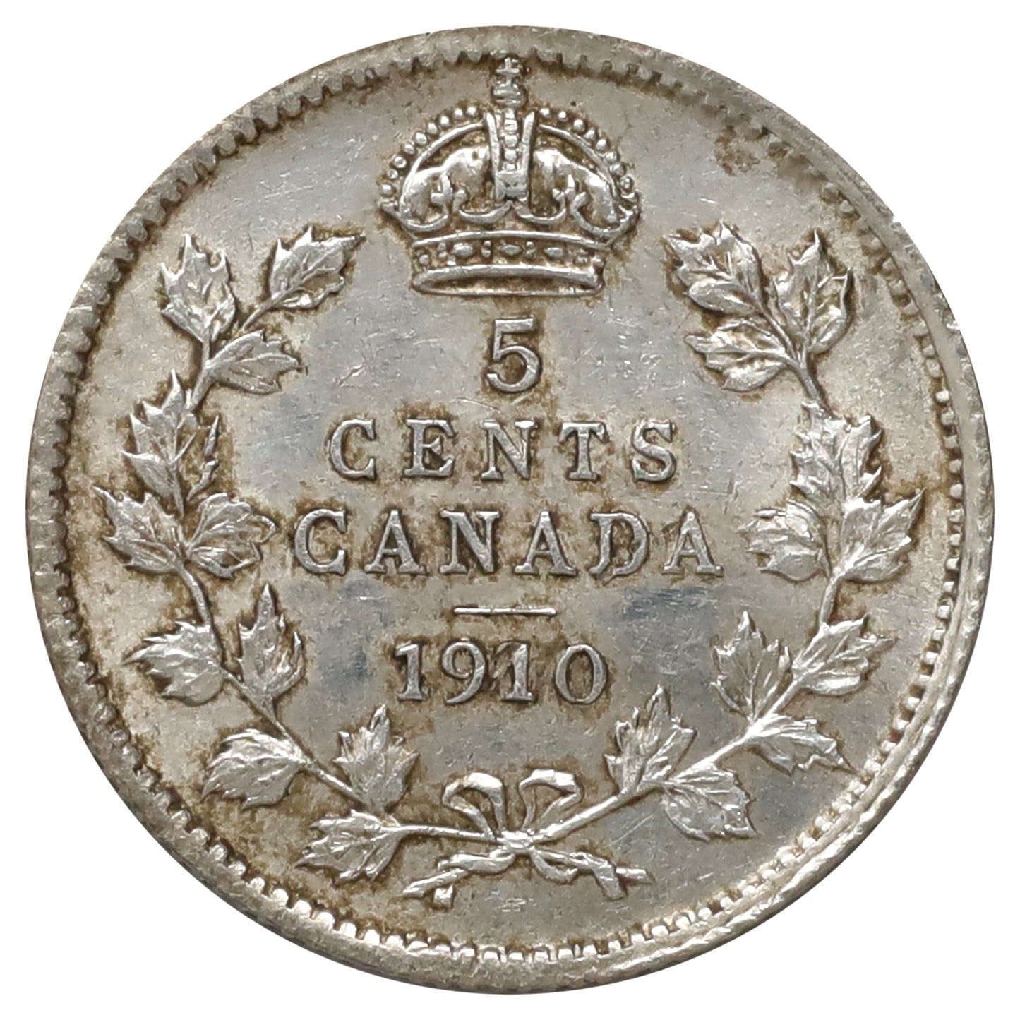1910 Pointed Leaves Canada 5-cents Uncirculated (MS60) Toned