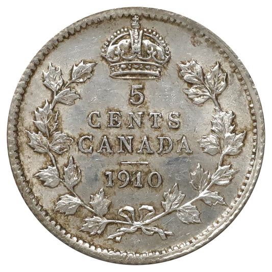 1910 Pointed Leaves Canada 5-cents Uncirculated (MS60) Toned