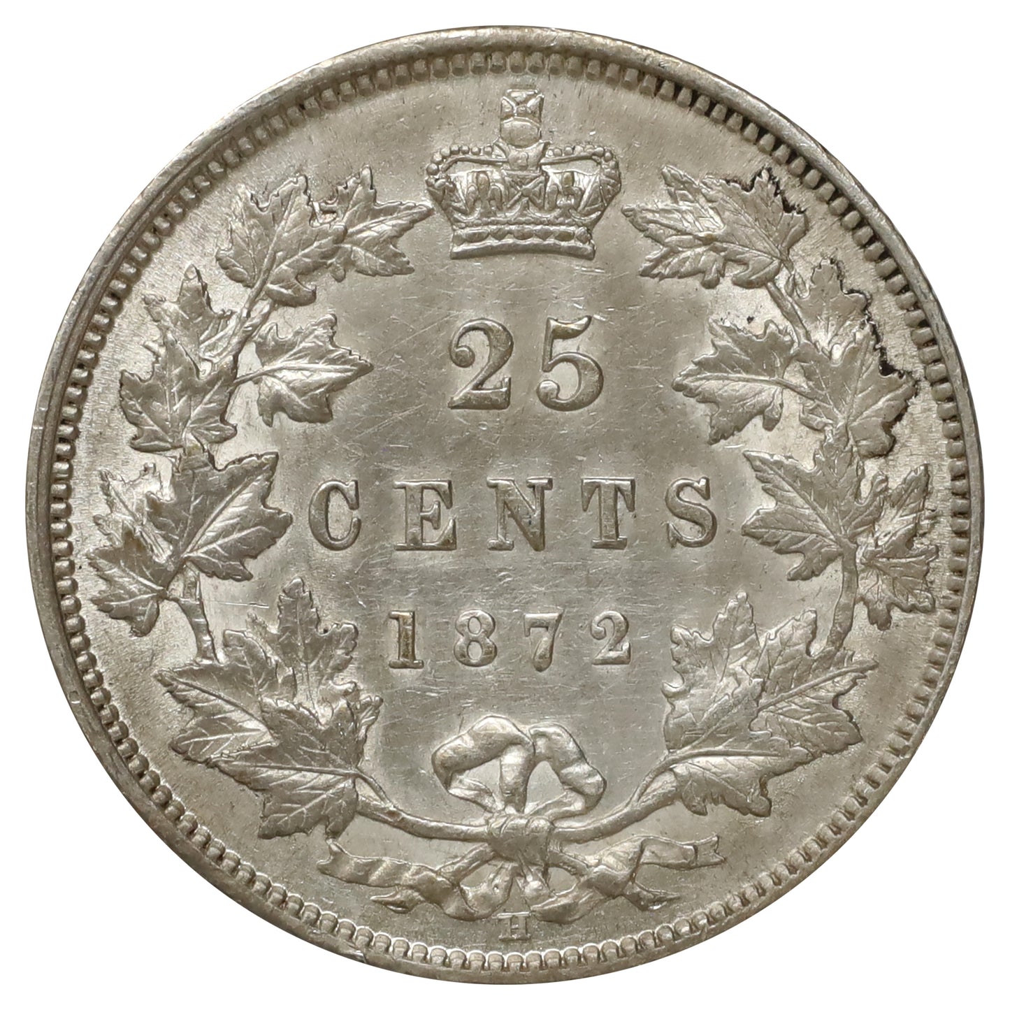 1872H Canada 25-cents Almost Uncirculated (AU50) Scratched, marks, or impaired