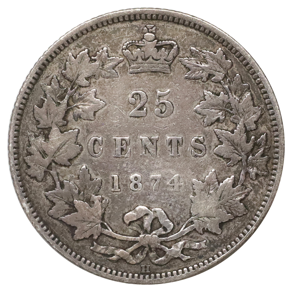 1874H Canada 25-cents Fine (F12) Scratched, marks, or impaired