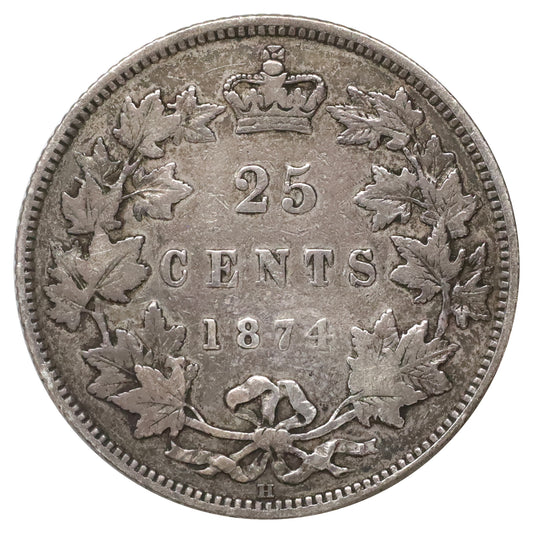 1874H Canada 25-cents Fine (F12) Scratched, marks, or impaired