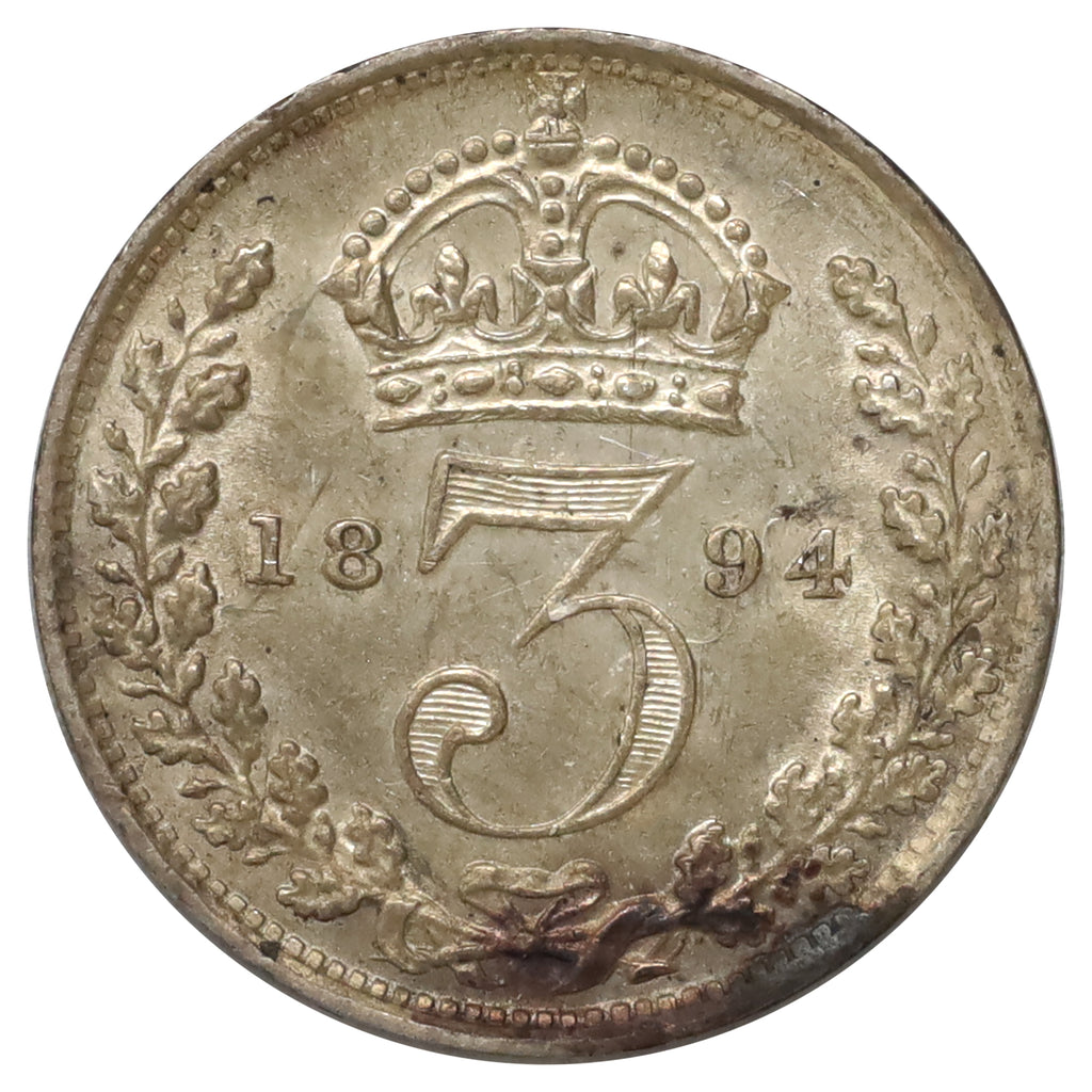 Great Britain 1894 Threepence Almost Uncirculated (AU50) Scratched, marks, or impaired