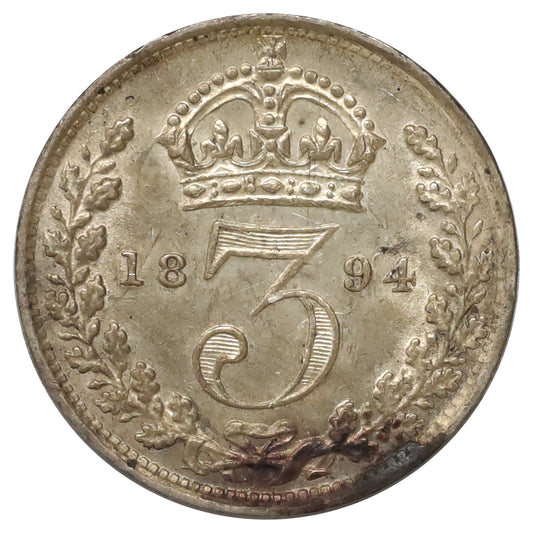 Great Britain 1894 Threepence Almost Uncirculated (AU50) Scratched, marks, or impaired