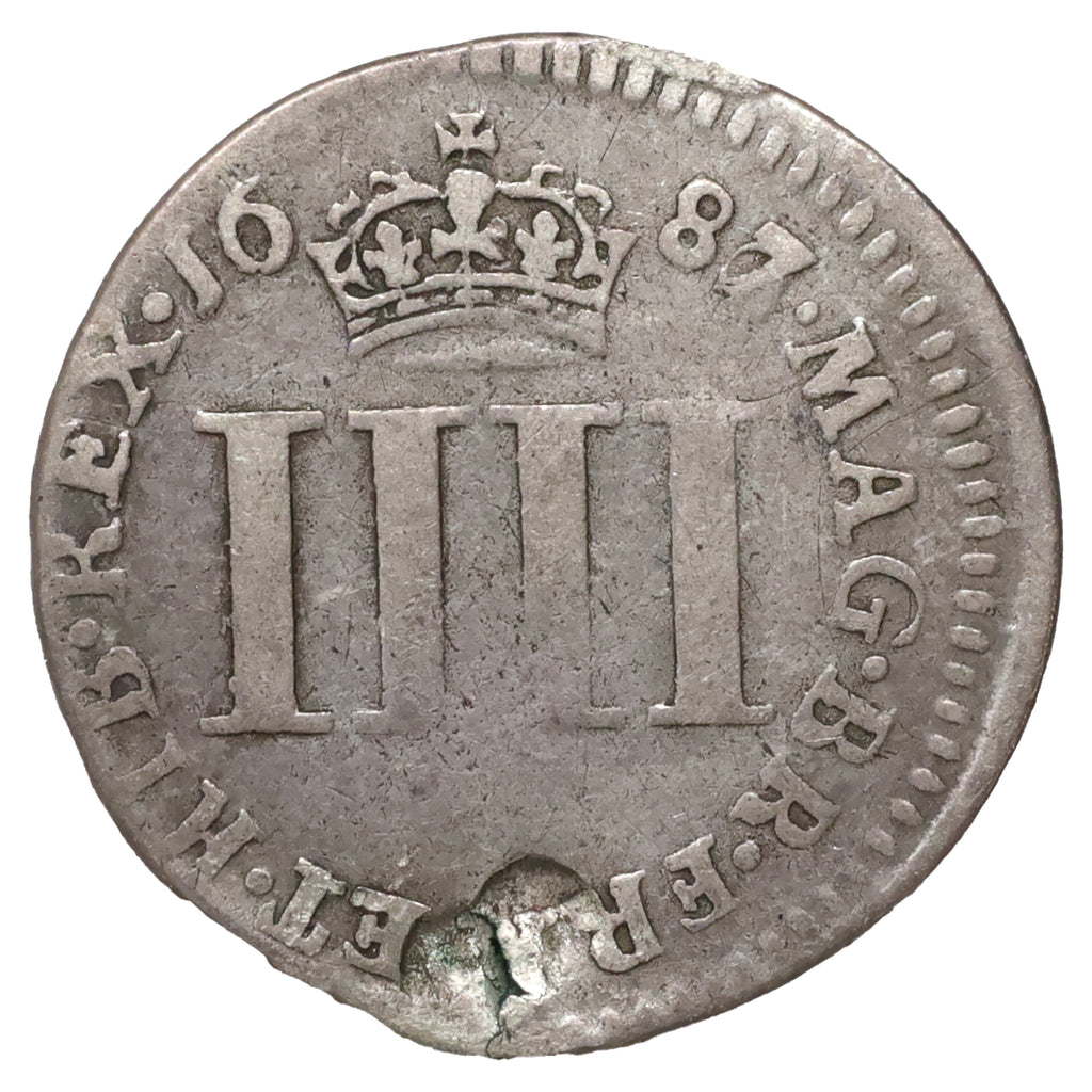 Great Britain 1686/7 James II Fourpence VG-F (VG10) Scratched, marks, or impaired