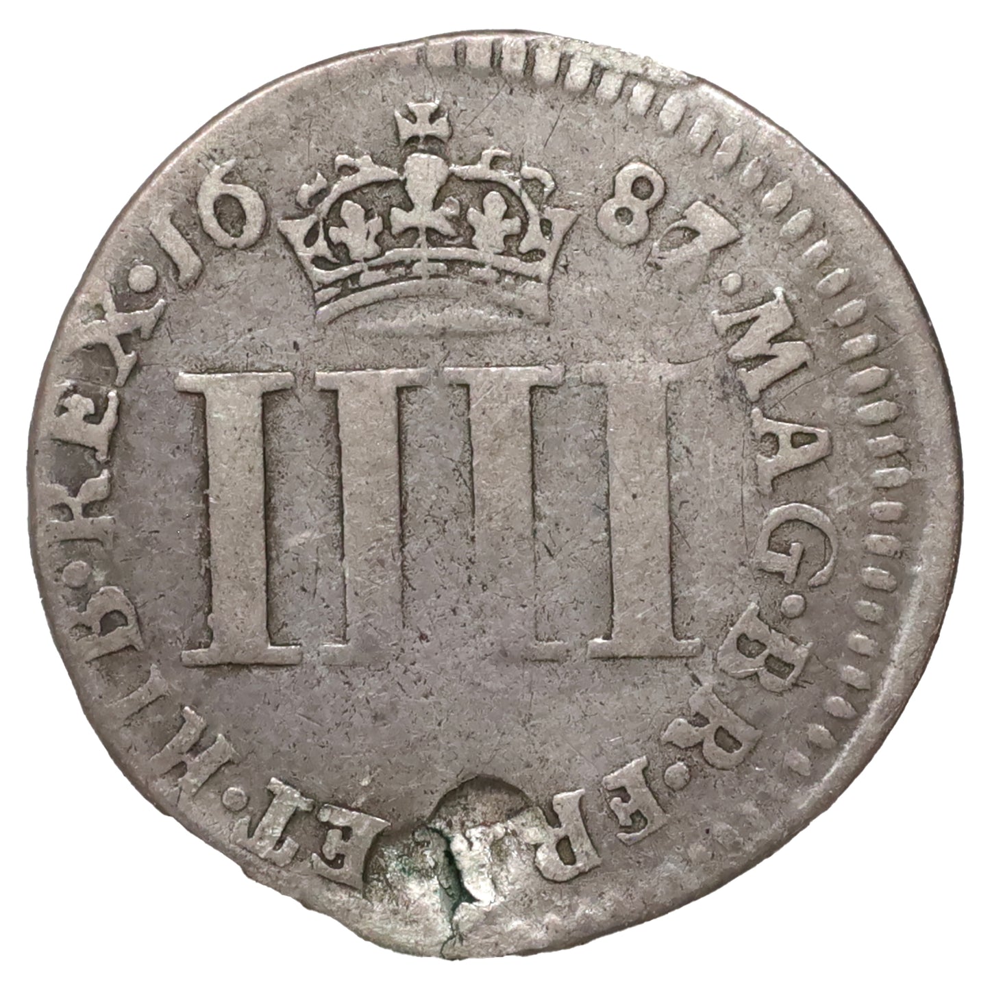Great Britain 1686/7 James II Fourpence VG-F (VG10) Scratched, marks, or impaired