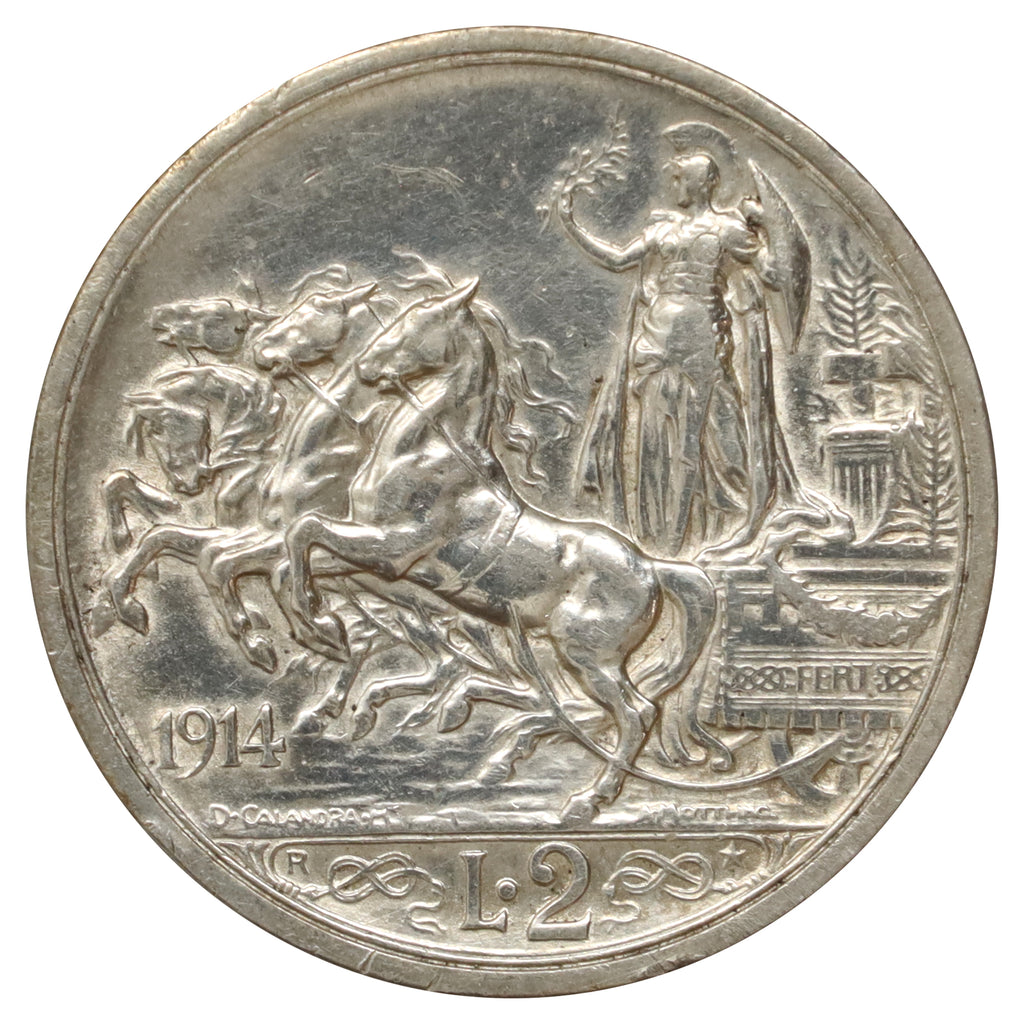 Italy 1914 R Victor Emmanuel III 2 Lire Extra Fine (EF40) Cleaned or impaired