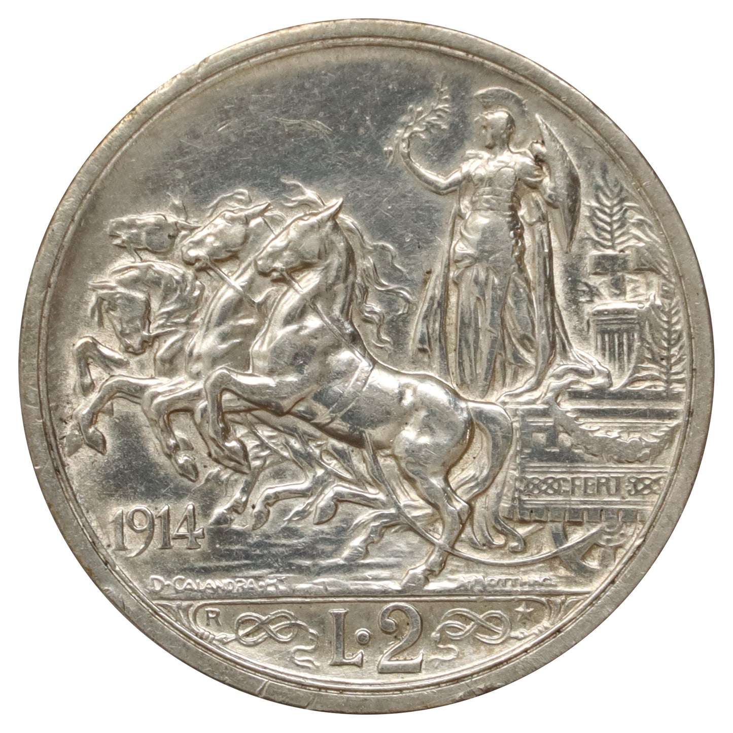 Italy 1914 R Victor Emmanuel III 2 Lire Extra Fine (EF40) Cleaned or impaired