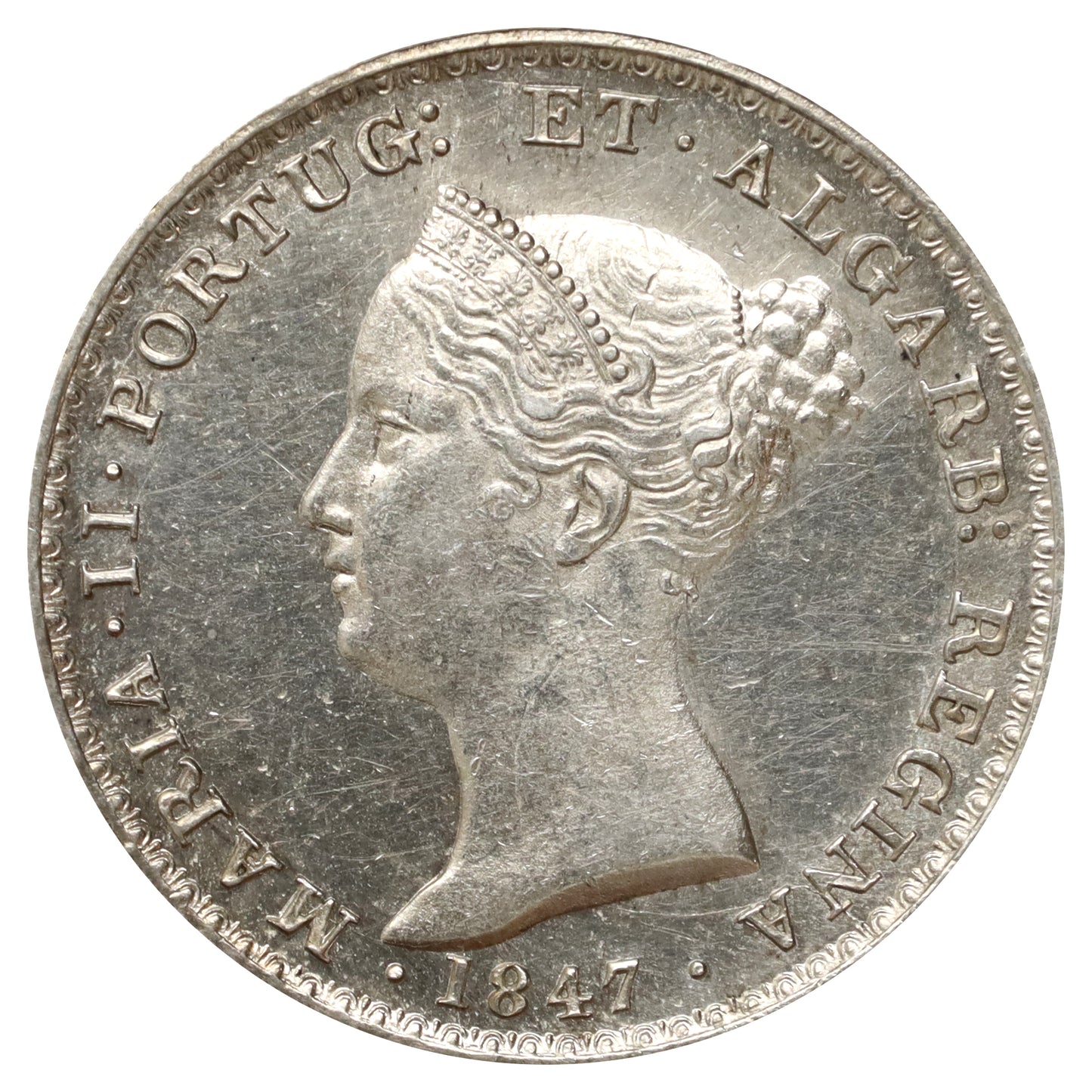 Portugal 1847 Maria II 500 Reis AU-UNC (AU55) Scratched, marks, or impaired