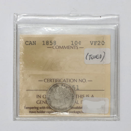 1858 Canada 10-cents ICCS Certified VF20 (Toned)