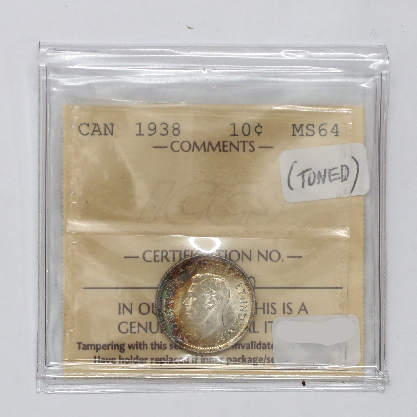 1938 Canada 10-cents ICCS Certified MS64 (Toned)