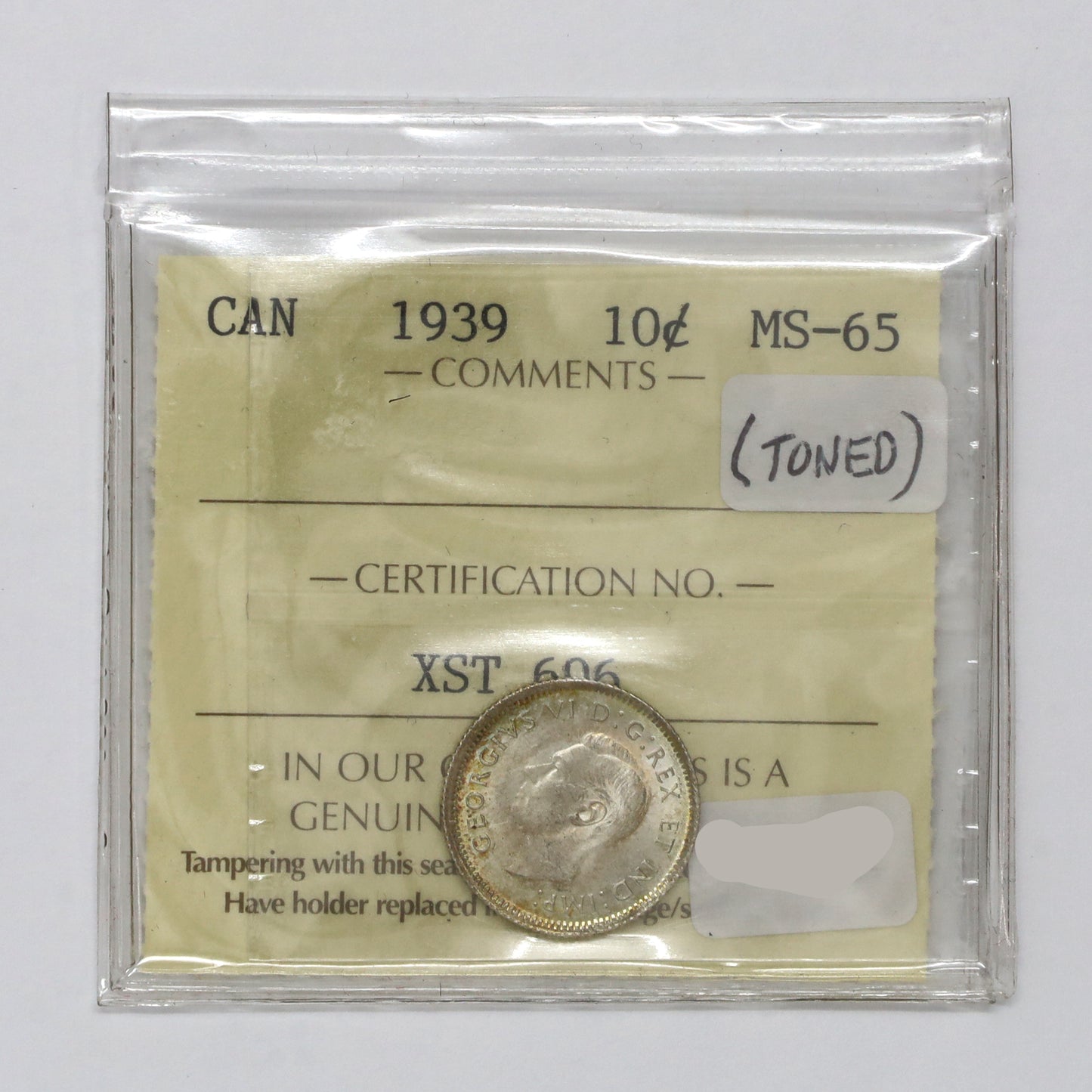 1939 Canada 10-cents ICCS Certified MS65 (Toned)