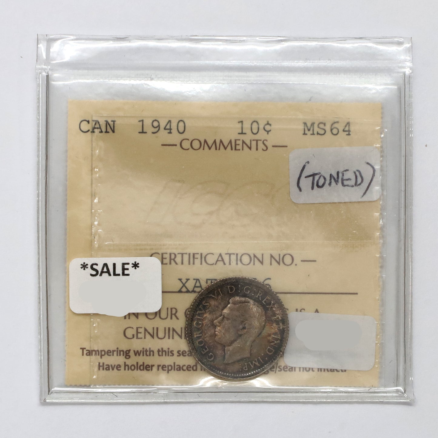 1940 Canada 10-cents ICCS Certified MS64 (Toned)
