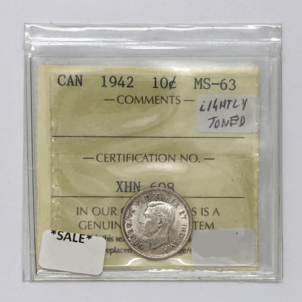 1942 Canada 10-cents ICCS Certified MS63 (Lightly Toned)