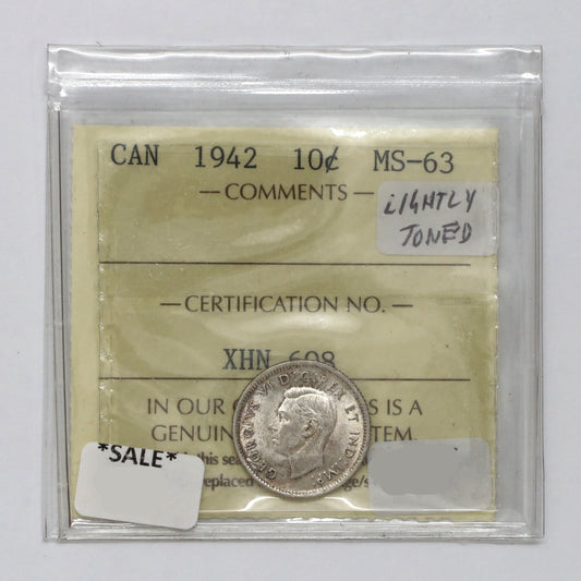 1942 Canada 10-cents ICCS Certified MS63 (Lightly Toned)