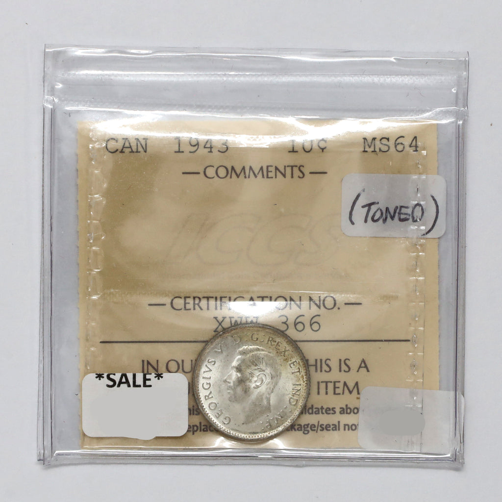 1943 Canada 10-cents ICCS Certified MS64 (Toned)