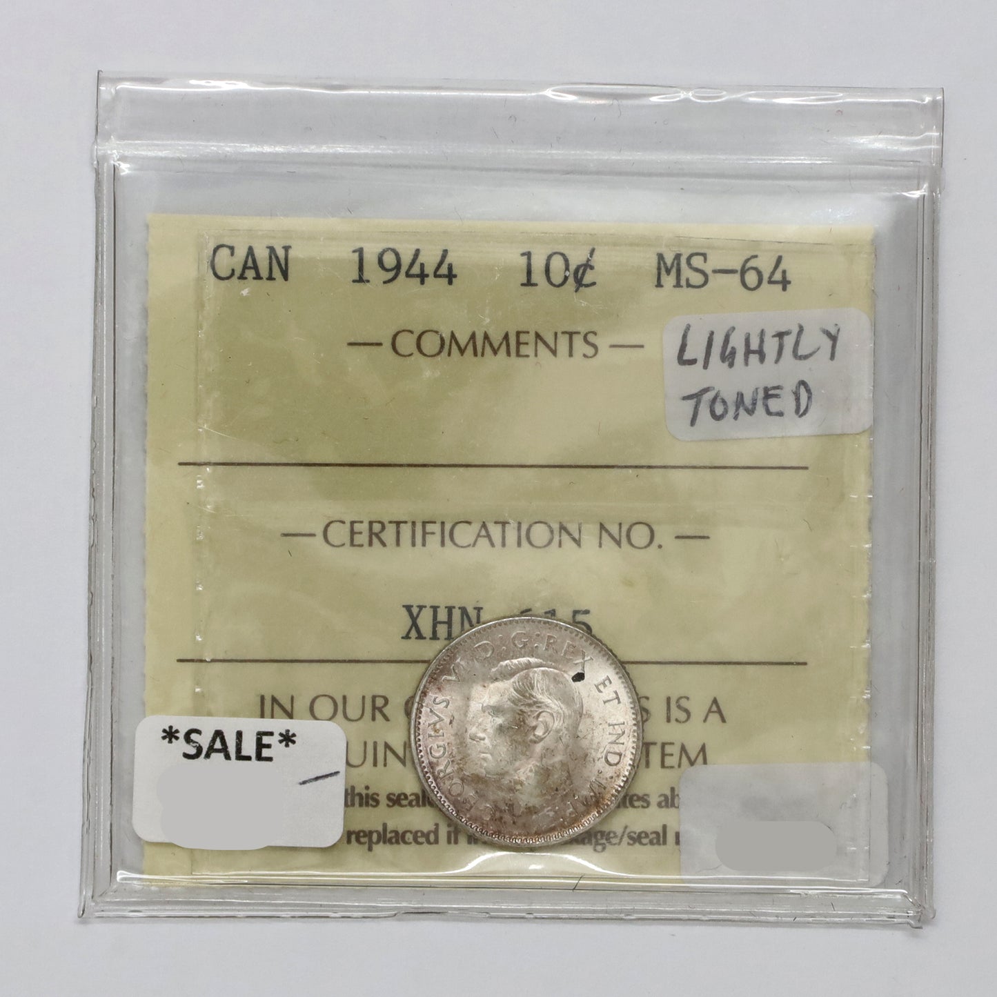 1944 Canada 10-cents ICCS Certified MS64 (Lightly Toned)