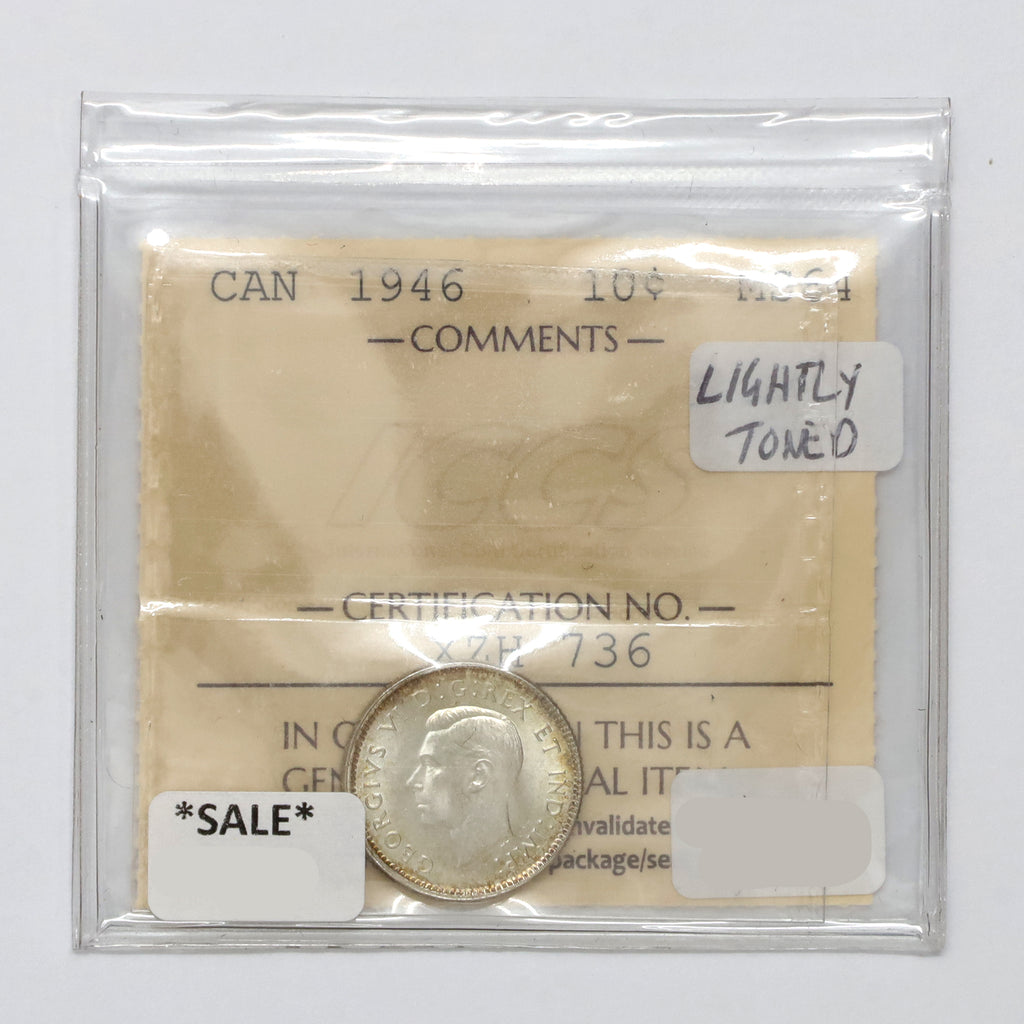 1946 Canada 10-cents ICCS Certified MS64 (Lightly Toned)