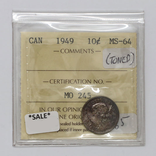 1949 Canada 10-cents ICCS Certified MS64 (Toned)