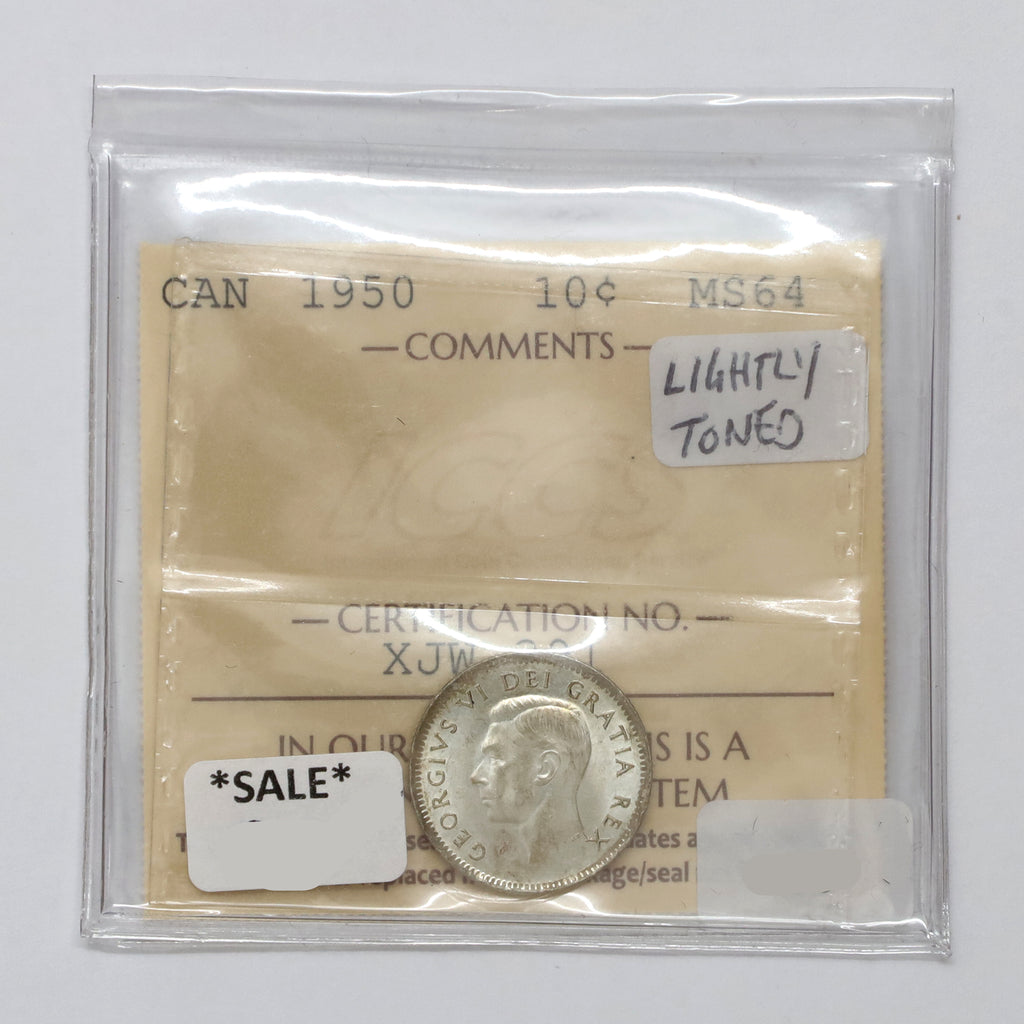 1950 Canada 10-cents ICCS Certified MS64 (Lightly Toned)