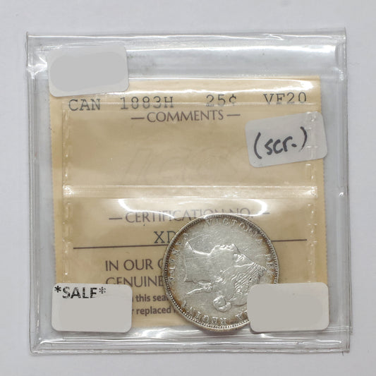 1883H Canada 25-cents ICCS Certified VF20 (Scratched)