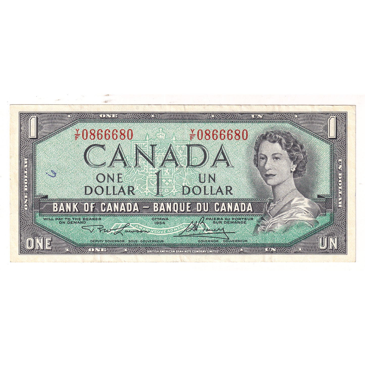BC-37d-N1-iii 1954 Canada $1 L-B, 3 Digit RADAR Y/F 0866680 VF20 Writing, or impaired