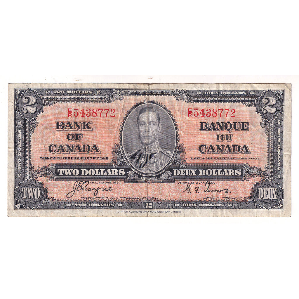BC-22c 1937 Canada $2 Coyne-Towers, Various Prefixes, Very Fine (VF20) Tears or impaired