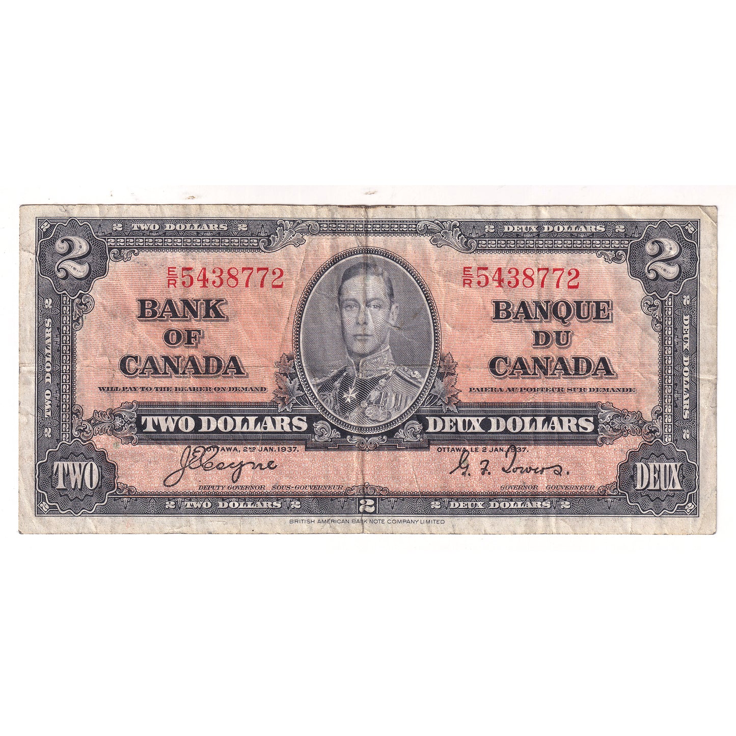 BC-22c 1937 Canada $2 Coyne-Towers, Various Prefixes, Very Fine (VF20) Tears or impaired