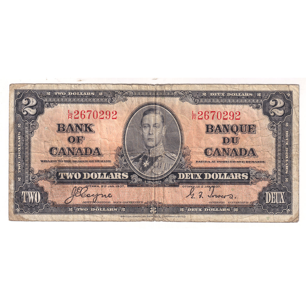 BC-22c 1937 Canada $2 Coyne-Towers, Various Prefixes, Very Good (VG8) Tears or impaired