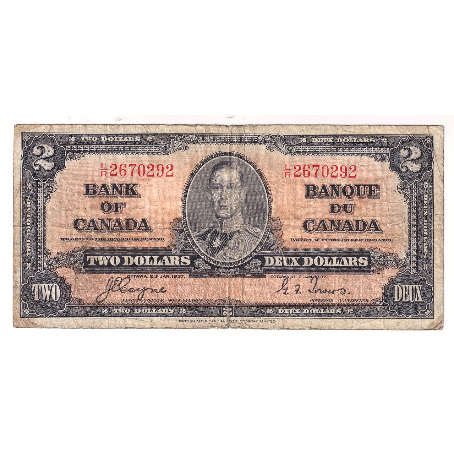 BC-22c 1937 Canada $2 Coyne-Towers, Various Prefixes, Very Good (VG8) Tears or impaired