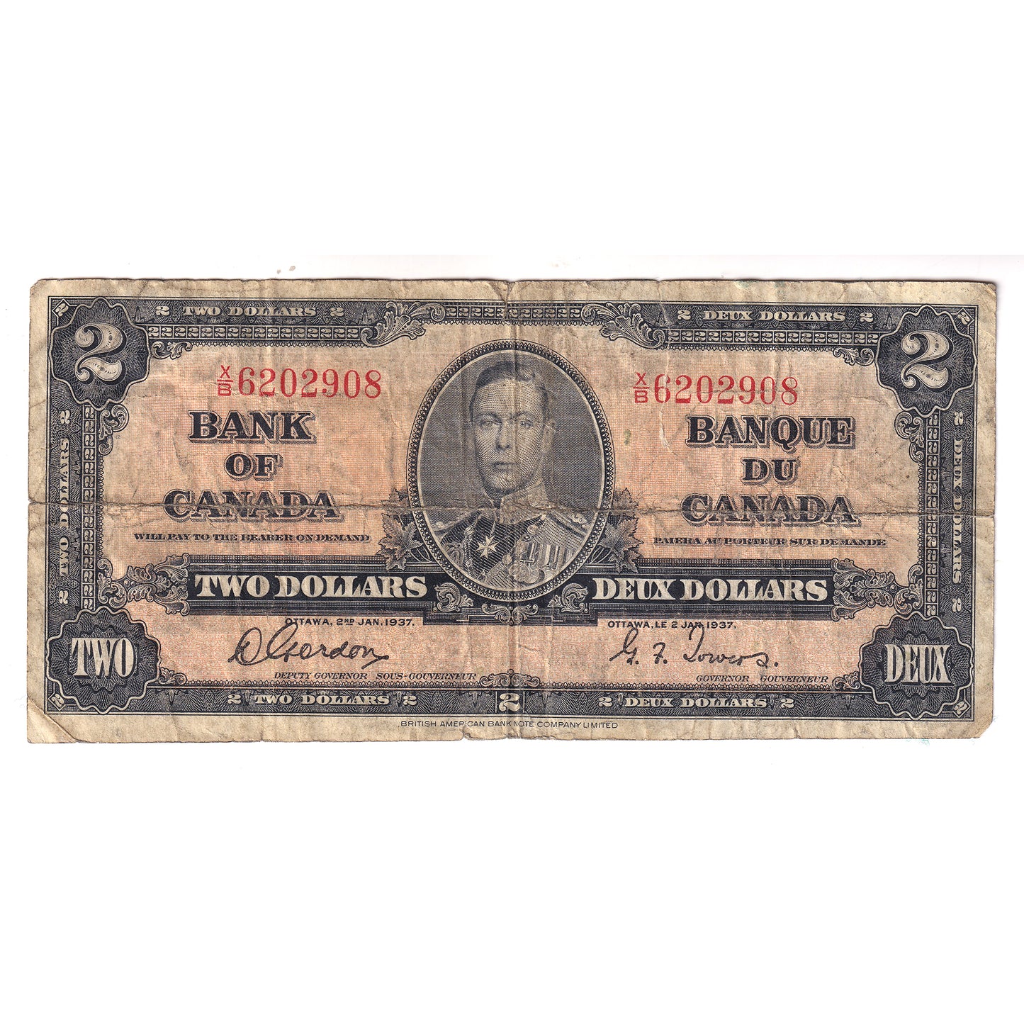 BC-22b 1937 Canada $2 Gordon-Towers, Various Prefixes, Very Good (VG8) Tears or impaired