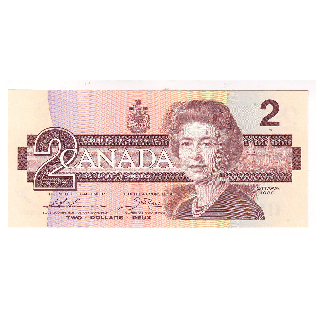 BC-55b 1986 Canada $2 Thiessen-Crow, Neat Number BUT6666686, CUNC63 (Tears or impaired)