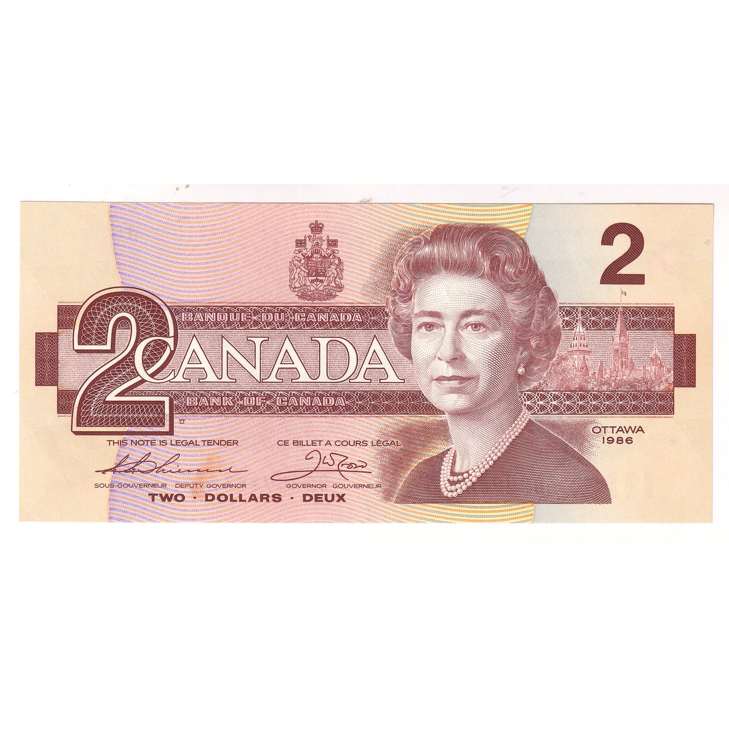 BC-55b 1986 Canada $2 Thiessen-Crow, Small BBP, AU-UNC (AU55) Tears, stain, or impaired