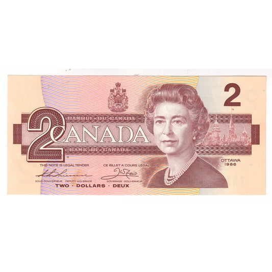 BC-55b 1986 Canada $2 Thiessen-Crow, BBP, Small B, AU-UNC (AU55) Tears, stain, or impaired