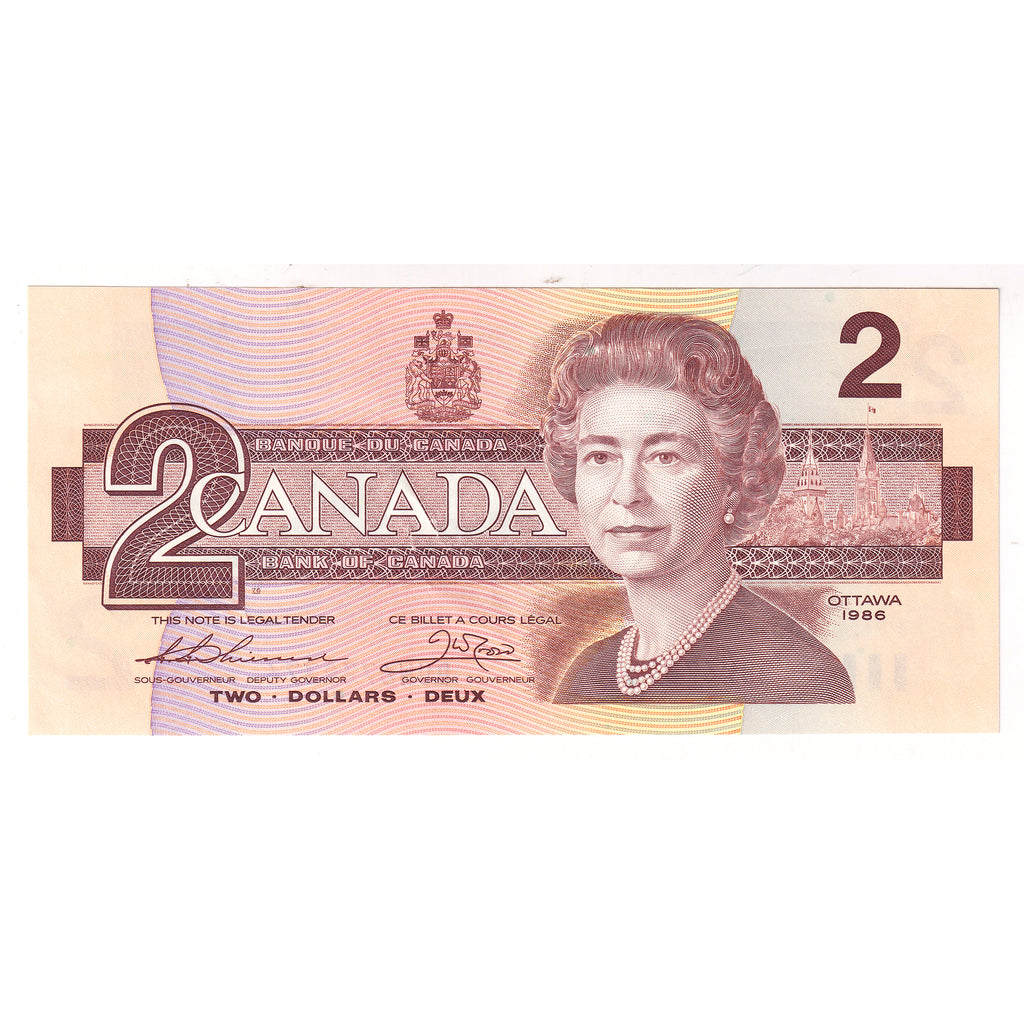 BC-55b-N1-iii 1986 Canada $2 Thiessen-Crow, 4-Digit RADAR BUW6739376, AU50 (DOP)