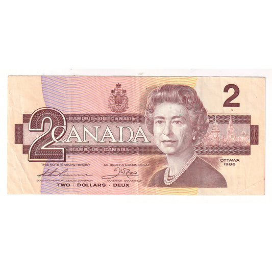 BC-55b 1986 Canada $2 Thiessen-Crow, Neat Number BRB2377777, Circulated (DOP)