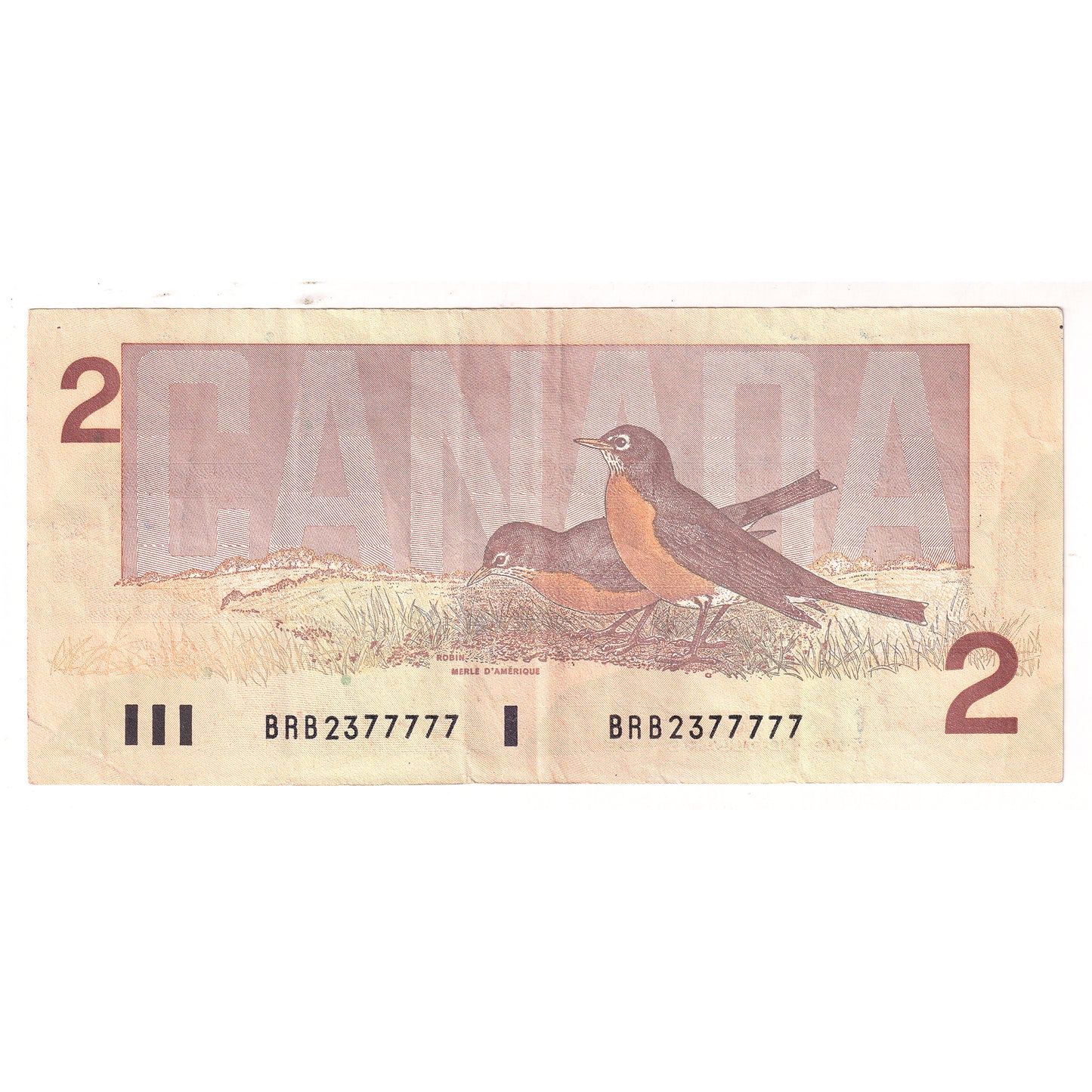 BC-55b 1986 Canada $2 Thiessen-Crow, Neat Number BRB2377777, Circulated (DOP)