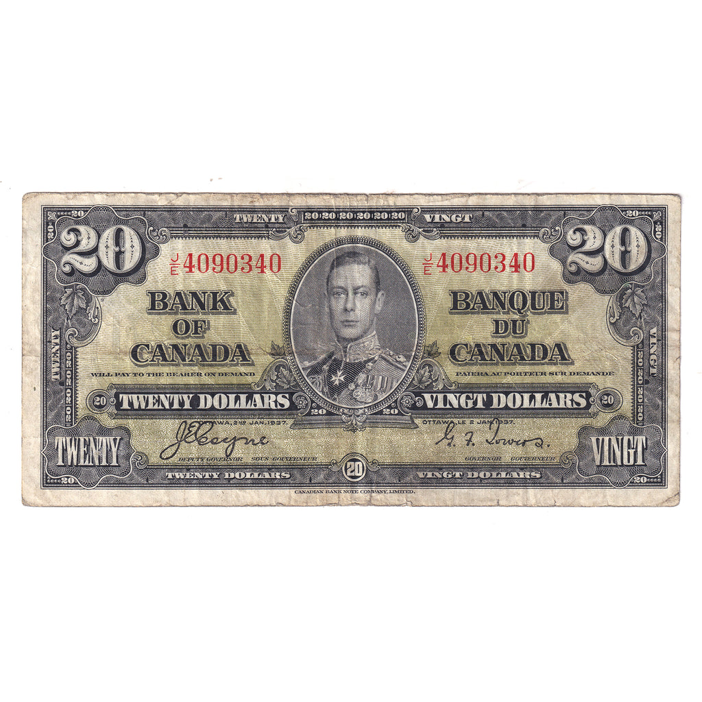 BC-25c 1937 Canada $20 Coyne-Towers, J/E, VG-F (VG10) Tears, writing, or impaired