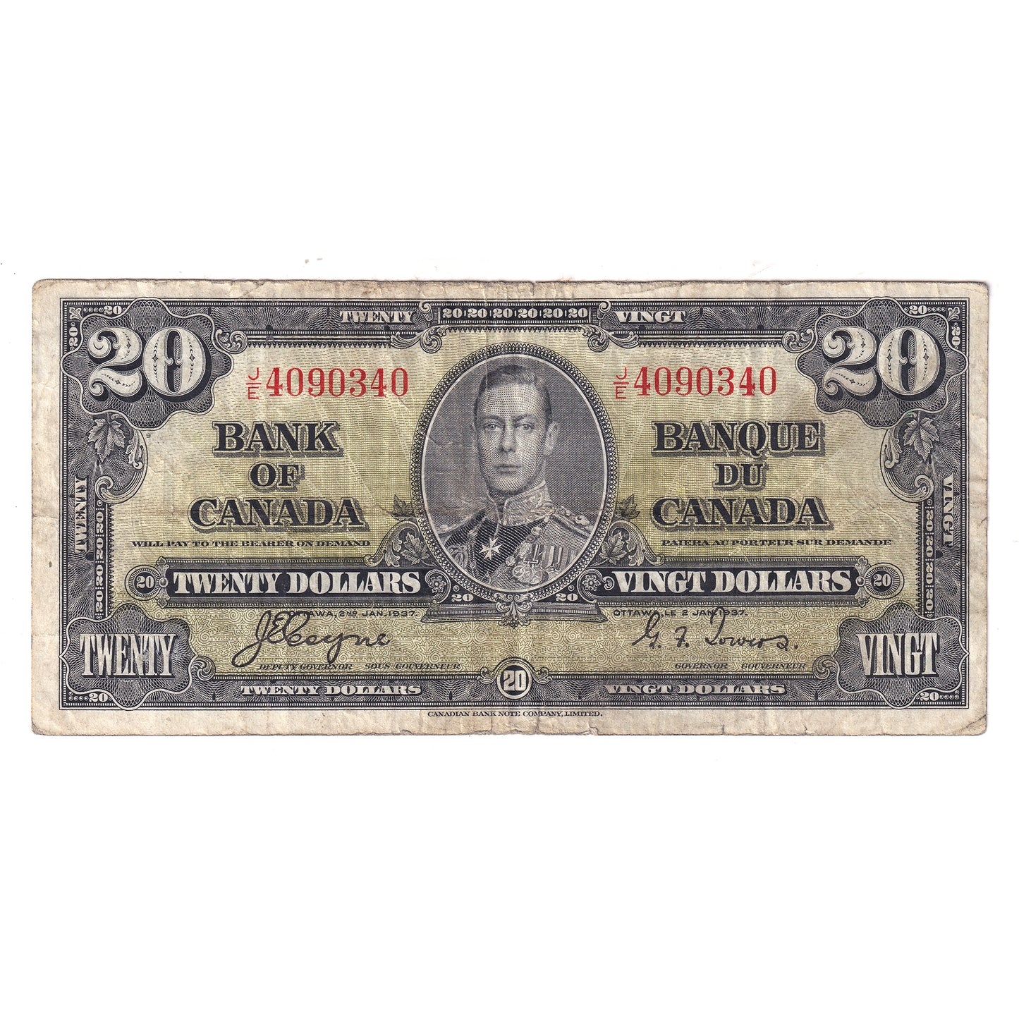 BC-25c 1937 Canada $20 Coyne-Towers, J/E, VG-F (VG10) Tears, writing, or impaired